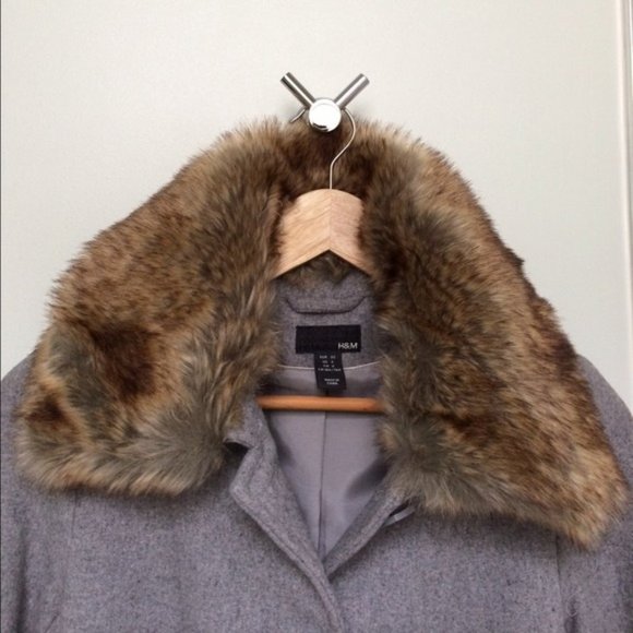 H&M Wool blend Faux Fur Collar Grey Princess Baby Doll Fit and Flare Coat - Picture 7 of 11